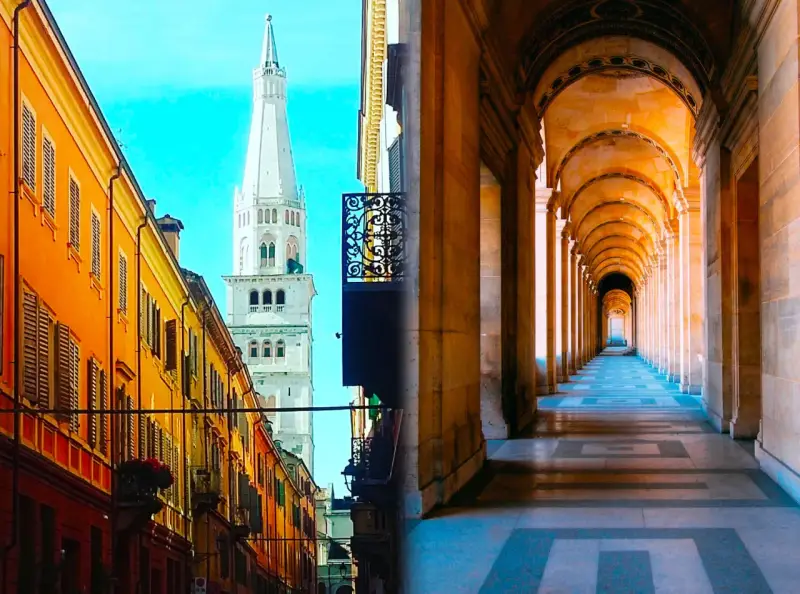 Split image: Left shows a street in Modena with colorful buildings and a tall white tower. Right shows a long, arched colonnade, evoking Bologna's porticoes.